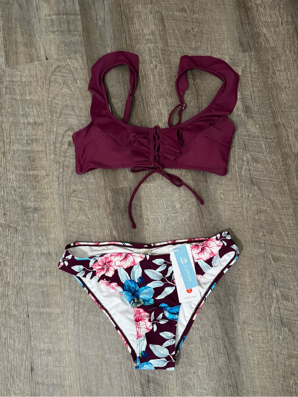 CUPSHE SWIM Burgundy Lace Up Ruffle Bikini Top & Floral Bikini Bottom Set,NWT, S